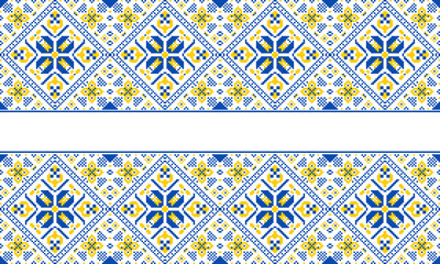 Embroidered Ukrainian ornament in national colors on a white background. Ukrainian flag. Ukrainian embroidery. Geometric patterns on a white background.  handmade cross-stitch, Vyshyvanka