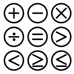 math symbol icon set outline with circle frame button