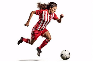 Plakat Beautiful female soccer player kicking ball with heel. Isolated on white background. Woman football concept.