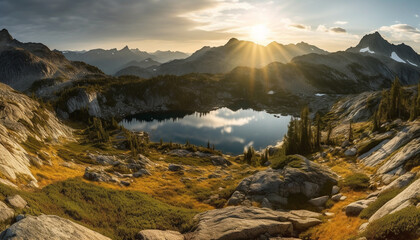Fototapeta na wymiar Majestic mountain range reflects tranquil sunset sky generated by AI