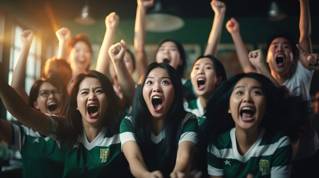 Group of Beautiful Asian woman friends sitting on sofa watching soccer game competition on television together. Happy female soccer fans cheering victory.