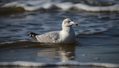 Fototapeta premium Seagull beak reflects natural beauty of coastline generated by AI