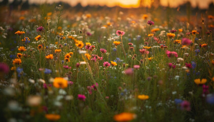 Vibrant wildflowers bloom in tranquil meadow sunrise generated by AI