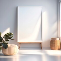 mockup empty frame with a large blank. empty room with white wall and window. Created with generative AI
