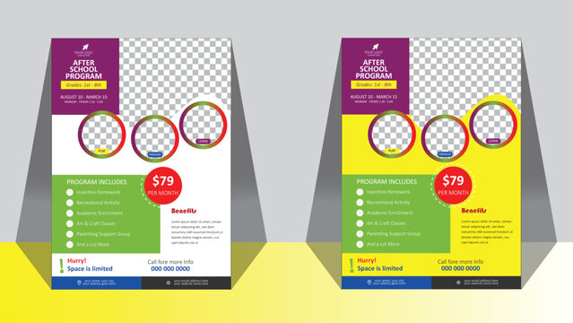 After school program brochure template layout. Learning center. Flyer, booklet, leaflet print design with linear illustrations. Vector page layouts for magazines, annual reports, advertising posters