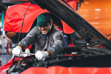 Professional automobile maintenance checking car damage broken part condition. Diagnostic and repairing vehicles at garage automotive, Car care check and fixed and services insurance concept.