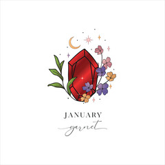 Colored Flowered Hand Painted Birthstones Gem Illustration. Healing Crystal. January Garnet. - 618898832