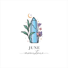 Colored Flowered Hand Painted Birthstones Gem Illustration. Healing Crystal. June– Moonstone.