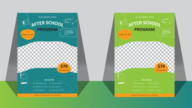 After school program brochure template layout. Learning center. Flyer, booklet, leaflet print design with linear illustrations. Vector page layouts for magazines, annual reports, advertising posters