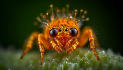 Spooky arachnid magnified, green eyes looking at viewer generated by AI