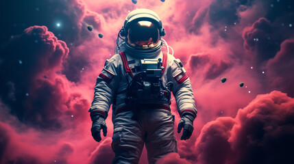 Illustration of man in space suit inside softly glowing pink and blue galactic cloud. Peaceful galaxy astronaut. Retrowave.