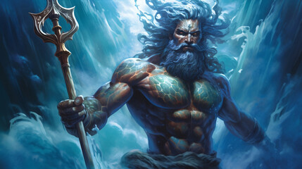 Poseidon God of Sea and Water figure character. Ancient greek god. Mythology. Colorful painting illustration