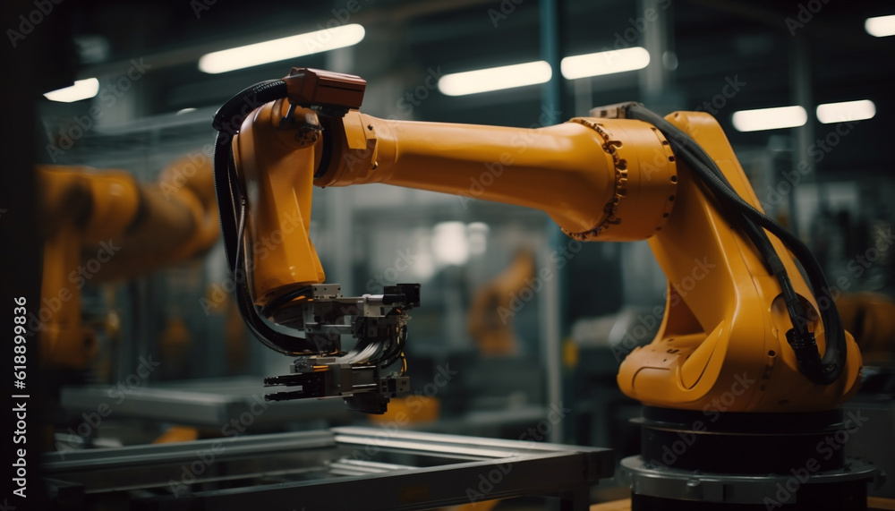 Poster robotic arm welding metal in automated factory generated by ai