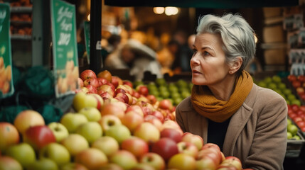 Beautiful mature woman shopping apples at a fruit stand in the supermarket. Generative AI