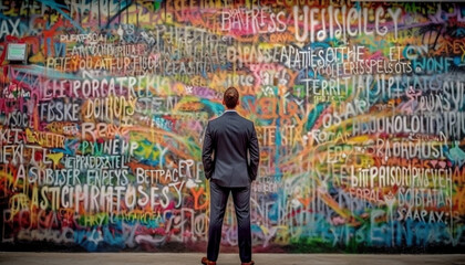 Naklejka premium Young businessman walking city street, graffiti ideas generated by AI