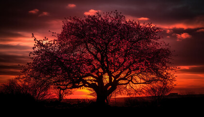 Silhouette tree back lit by dramatic sunset generated by AI