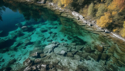 Tranquil seascape, multi colored leaves, deep reflection generated by AI