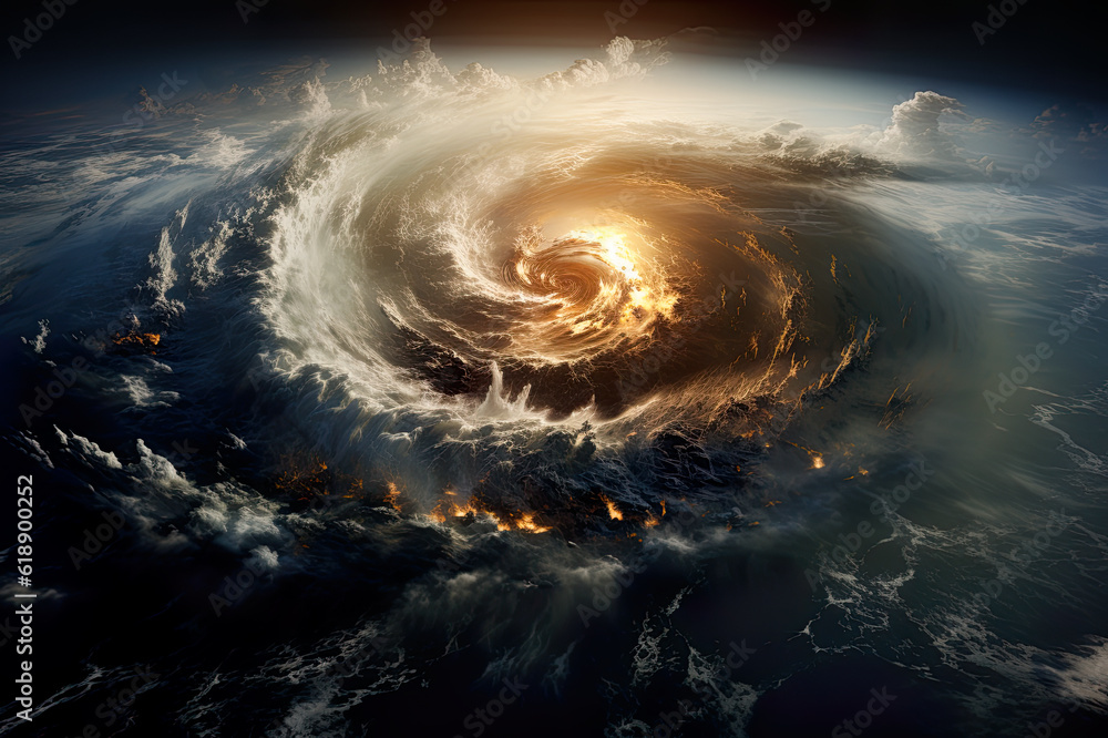 Poster a view of the earth from space with a hurricane in the background. generative ai.