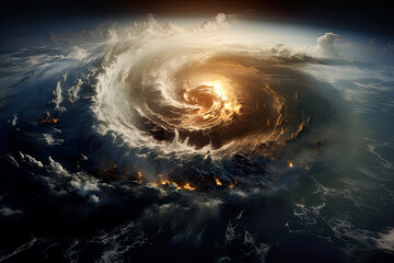 A view of the earth from space with a hurricane in the background. Generative AI.