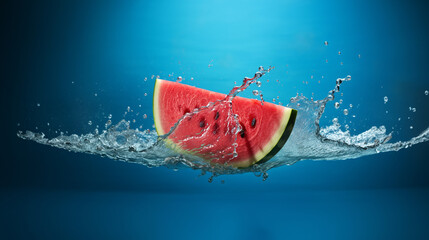 Fresh pieces of water melon falling in water with splash on blue. AI generated