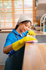 Vertical image of Asian housekeeper smile and sit with use towel to clean area in kitchen near sink...
