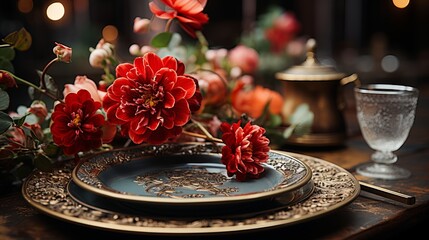 Naklejka premium Beautiful flowers on a plate Generative AI