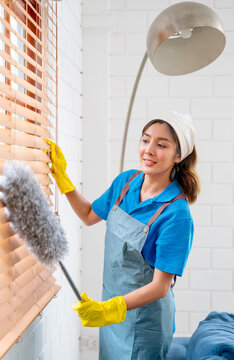 Vertical image of Asian housekeeper or housemaid use feather duster to clean curtain or shade of windows in living room of the house and she look happy during working.