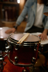 Fototapeta na wymiar Drum kit beat set percussion instrument with focus on drumstick