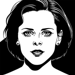 Black and white drawing of a female face, contour lines.
