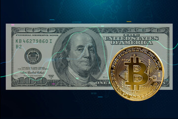 US 100 dollar bill with bitcoin over stock market tables and charts
