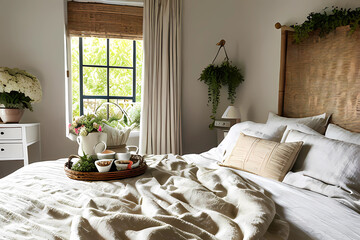 Breakfast in bedroom. Cup of coffee, wicker tray. Green bouquet of white viburnum seal flowers. Bedroom view.Elegant moulding