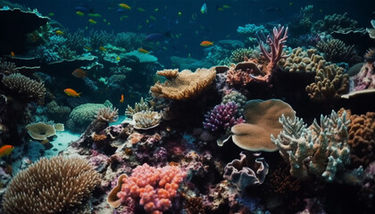 Fototapeta na wymiar Multi colored fish swim among coral in Caribbean waters generated by AI