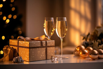 glas of champagne and gift around chrismas with a chrismas tree in the background, holiday, party, generative ai