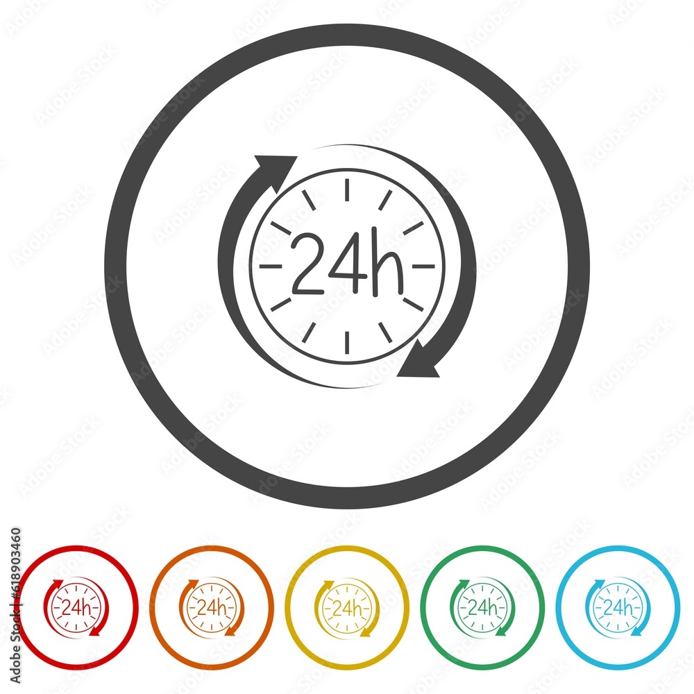 Aufkleber open 24 hours arrow icon symbol. set icons in color circle buttons