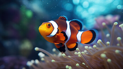 Obraz na płótnie Canvas A Portrait of an Clownfish Amidst an Enchanting Coral Reef, Where the Colors of Nature Converge in a Sublime Symphony, Marine Beauty, Embraced by the Breathtaking Underwater Ecosystem generative AI.