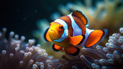 Naklejka na ściany i meble A Portrait of an Clownfish Amidst an Enchanting Coral Reef, Where the Colors of Nature Converge in a Sublime Symphony, Marine Beauty, Embraced by the Breathtaking Underwater Ecosystem generative AI.
