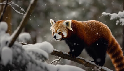 Fototapeta premium Cute red panda sitting on snowy branch generated by AI