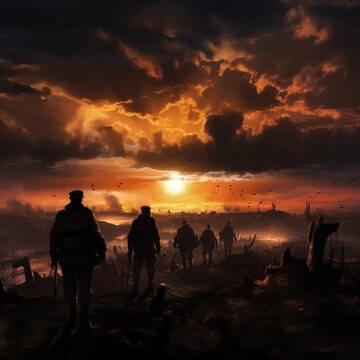 A Painting of a Group of Soldiers on a Battlefield Walking Toward a Sunset Generative AI