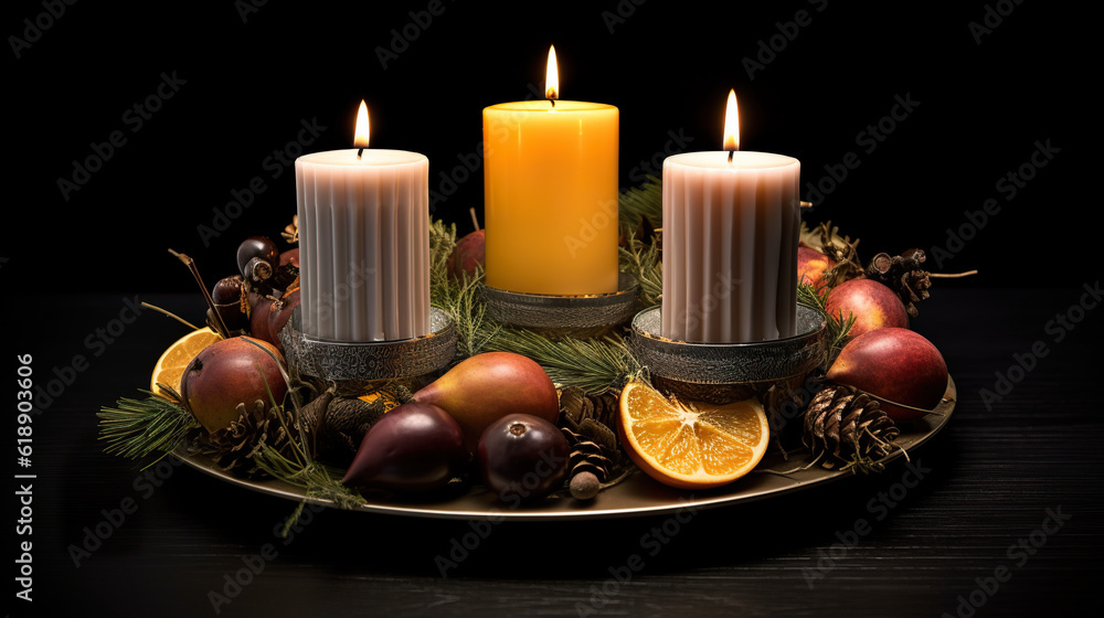 Poster a tray with three candles and fruit on it. generative ai. happy advent. advent decorations.