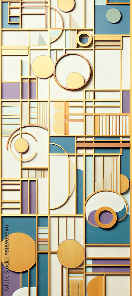 Poster a picture of a wall with a lot of different shapes. generative ai.