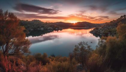 Fototapeta premium Tranquil sunset over mountain range, reflecting beauty generated by AI