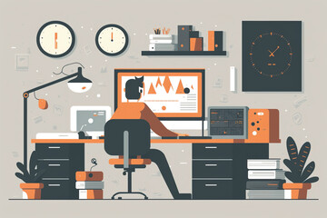 Vector of a men sitting behind his desk at a computer working busy in his office for his business with a high tech background Generative AI.
