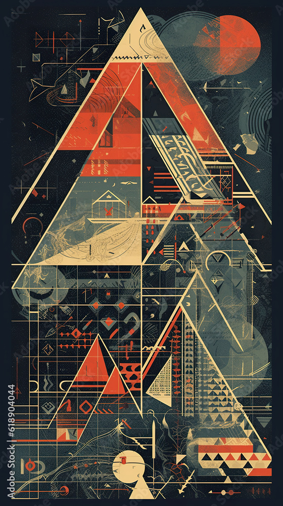 Poster a poster of a futuristic building with a man standing in front of it. generative ai. abstract geomet