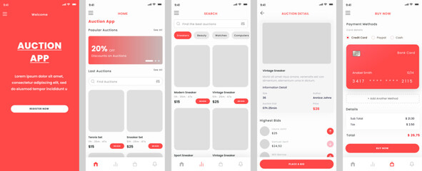 Auction and Bidding Ecommerce, Shoes Shop and Sneaker Market Mobile App and UI Kit Template - obrazy, fototapety, plakaty