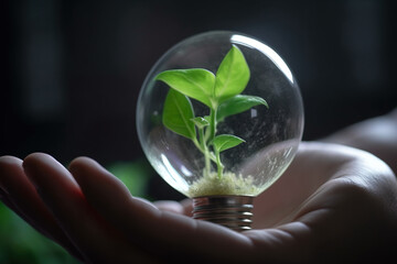 green energy light bulb with a plant growing in and around it, environment, nature, green, planet, generative ai