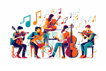 Vector, group, people, music, instruments, band, musicians, playing, performance, concert, guitar, drums, violin, singing, stage, entertainment, harmony, rhythm, melody, energy, passion, talent, sound