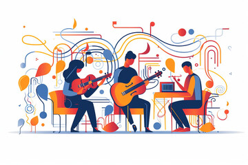 Vector, group, people, music, instruments, band, musicians, playing, performance, concert, guitar, drums, violin, singing, stage, entertainment, harmony, rhythm, melody, energy, passion, talent, sound