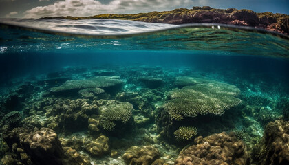 Naklejka na ściany i meble Majestic sea life in transparent blue waters generated by AI
