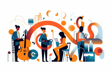 Vector, group, people, music, instruments, band, musicians, playing, performance, concert, guitar, drums, violin, singing, stage, entertainment, harmony, rhythm, melody, energy, passion, talent, sound