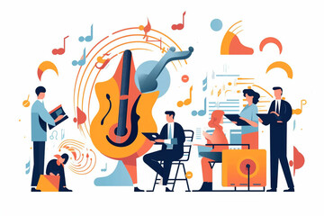 Vector, group, people, music, instruments, band, musicians, playing, performance, concert, guitar, drums, violin, singing, stage, entertainment, harmony, rhythm, melody, energy, passion, talent, sound